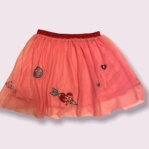 H&M Pink Tulle Skirt with sequin patches and red elastic waist SZ 2-4Y EUC